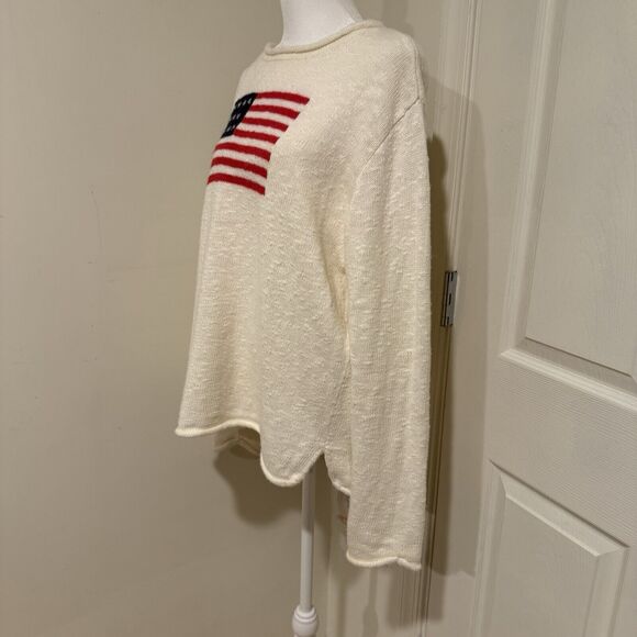 Denim & Co Sz L Ivory USA Star Antique Flag Art-to-Wear Sweater - Picture 3 of 9